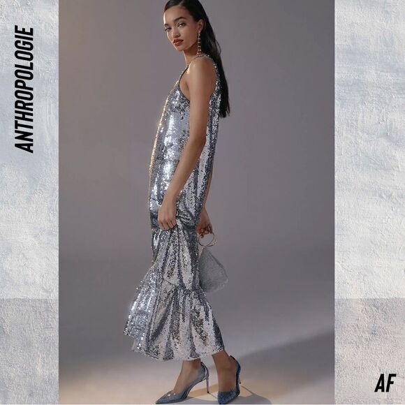 ANTHROPOLOGIE MAEVE ONE SHOULDER SEQUINED MIDI DRESS IN SILVER - Picture 10 of 11